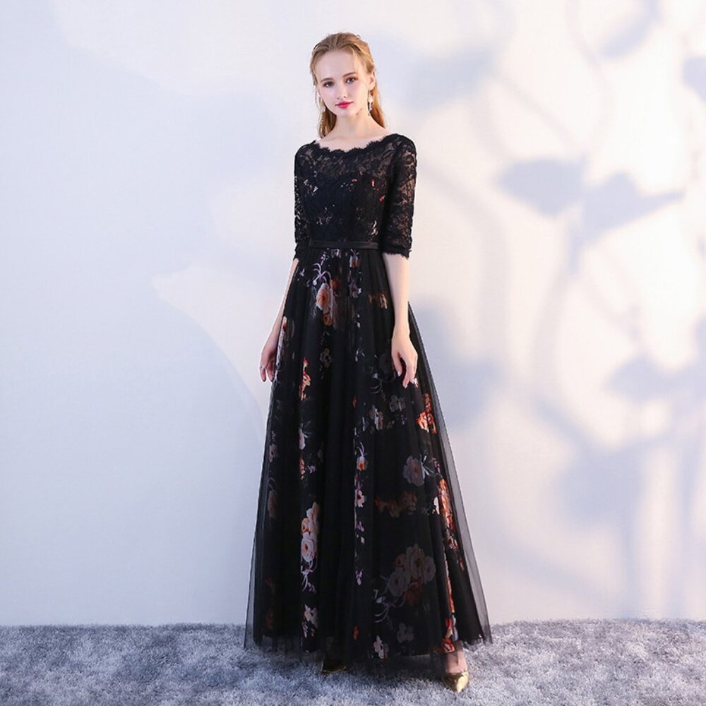 Elegant Black Evening Gown | Slimming Long Sleeve Maxi Dress